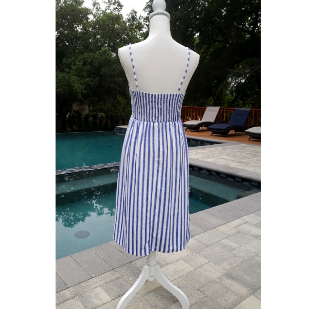Striped Blue & White Midi Sundress with Buttons - Picture 2 of 3